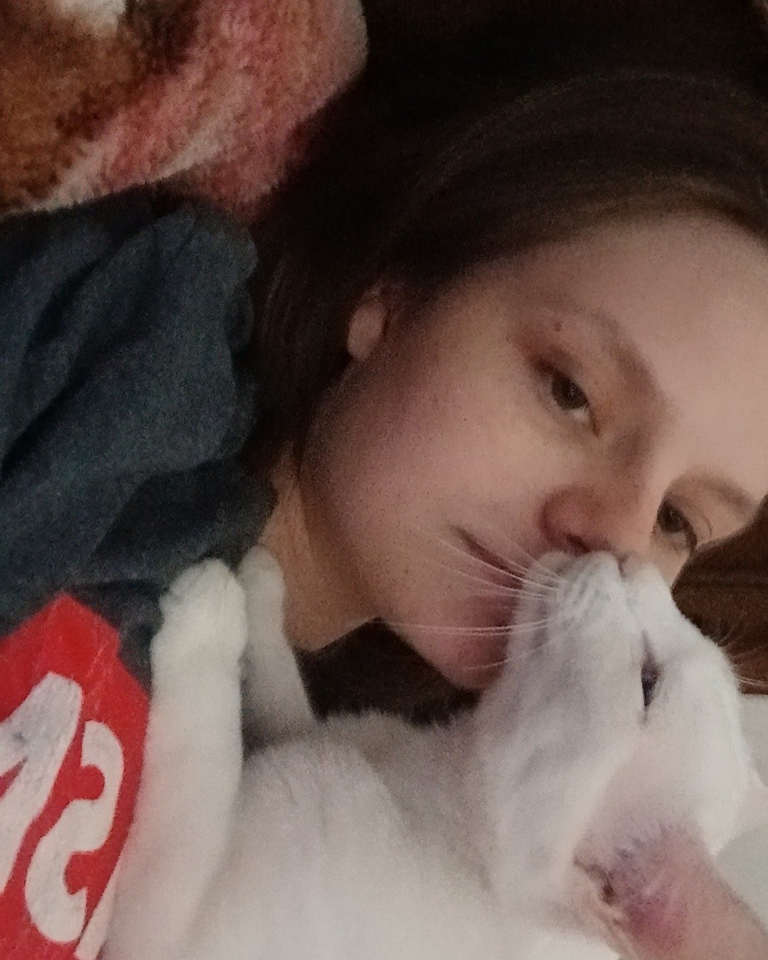 Snowball the White kitty. Person, Baby, Sleeping, Cat, Selfie
