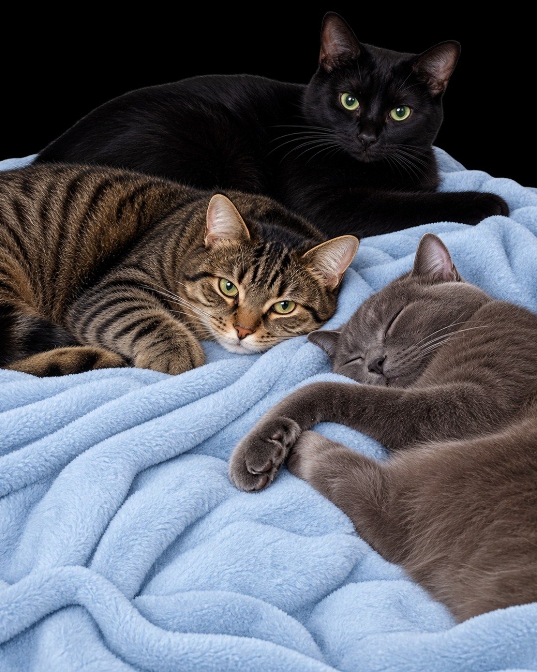 Happy, Rick, and Unity together. Blanket, Cat, Kitten