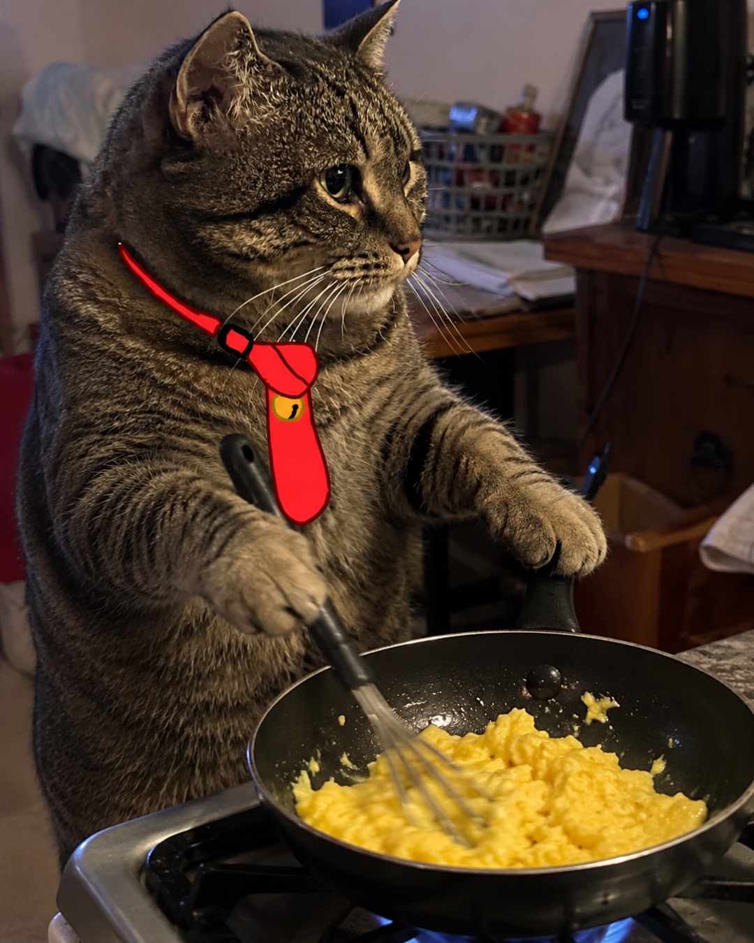 ReyRey. Cat, Cooking, Mashing Food, Cooking Pan, Cookware, Cooktop