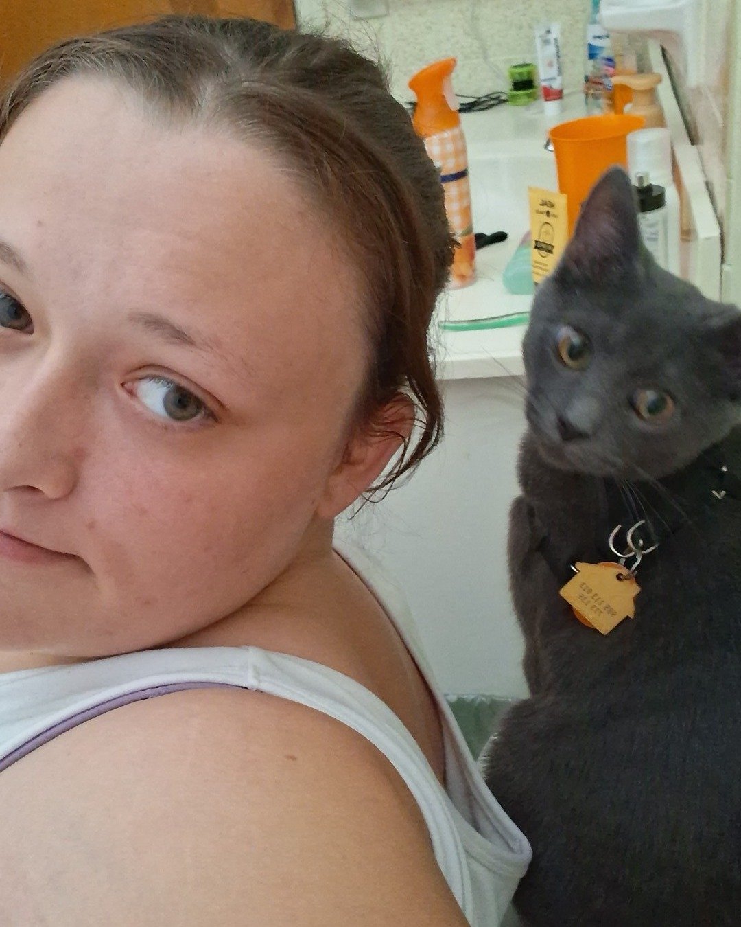 Biscuits the Russian blue. Person, Selfie, Cat, Cup, Accessories